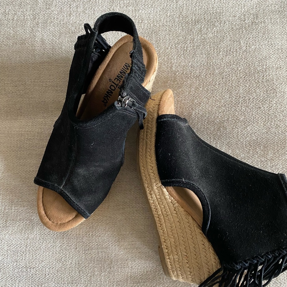 Black Fringed Minnetonka Wedges.  Size 8. Like New.   $30 plus shipping.